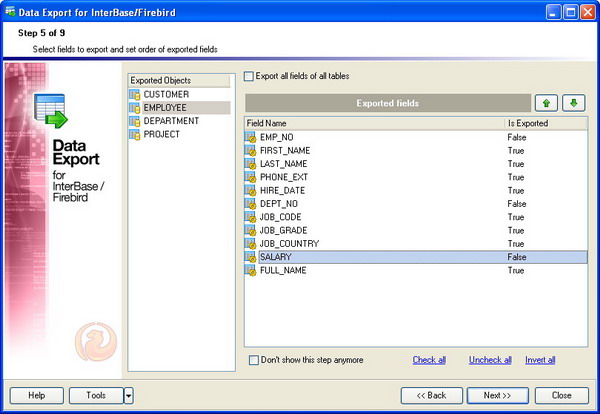 Exporting Data from InterBase or Firebird: Select Fields to Export